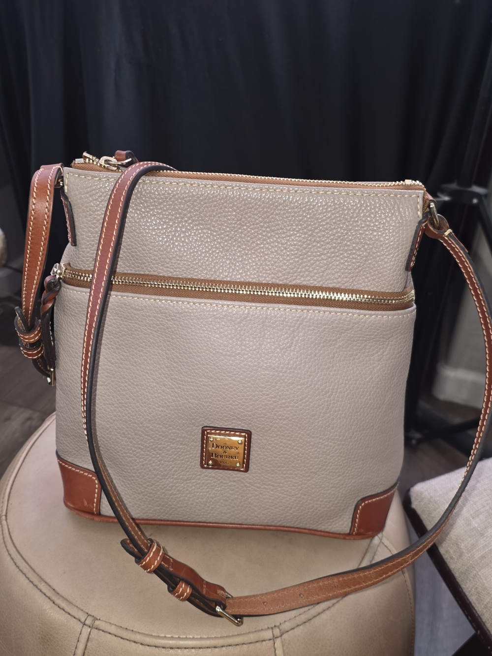 Dooney & Bourke Pebble Leather Crossbody in Light Taupe with Brown Trim